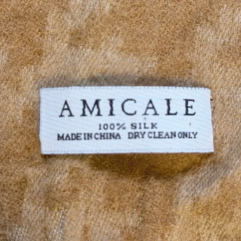 Amicale 100% Silk Houndstooth Plaid Scarf Wrap Tan Camel Fringe Preppy Heritage